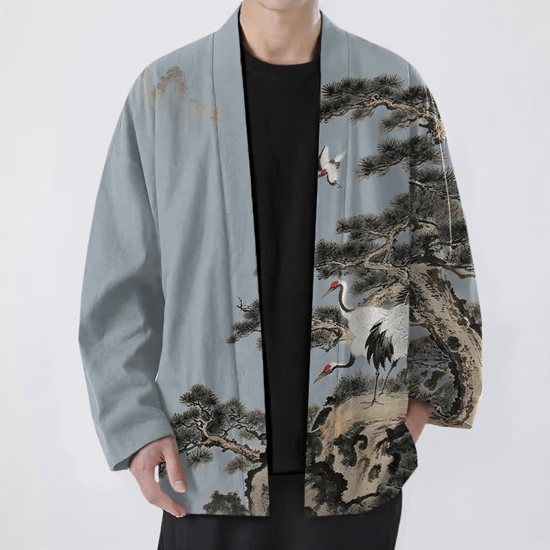 Buddha Stones Cotton Pine Crane Ink Pattern Open Front Men's Kimono - LightSteelBlue - US/UK/AU48，EU58 (4XL) - image 6