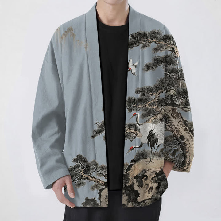 Buddha Stones Cotton Pine Crane Ink Pattern Open Front Men's Kimono - LightSteelBlue - US/UK/AU48，EU58 (4XL) - image 6