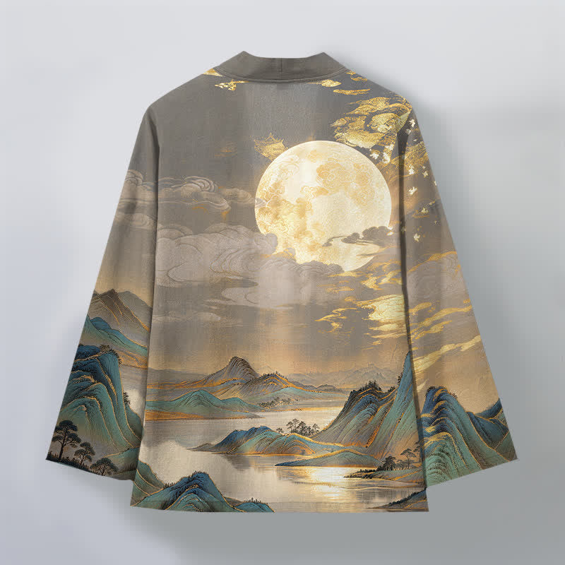 Buddha Stones Cotton Golden Moon Mountain Landscape Pattern Open Front Men's Kimono - image 8