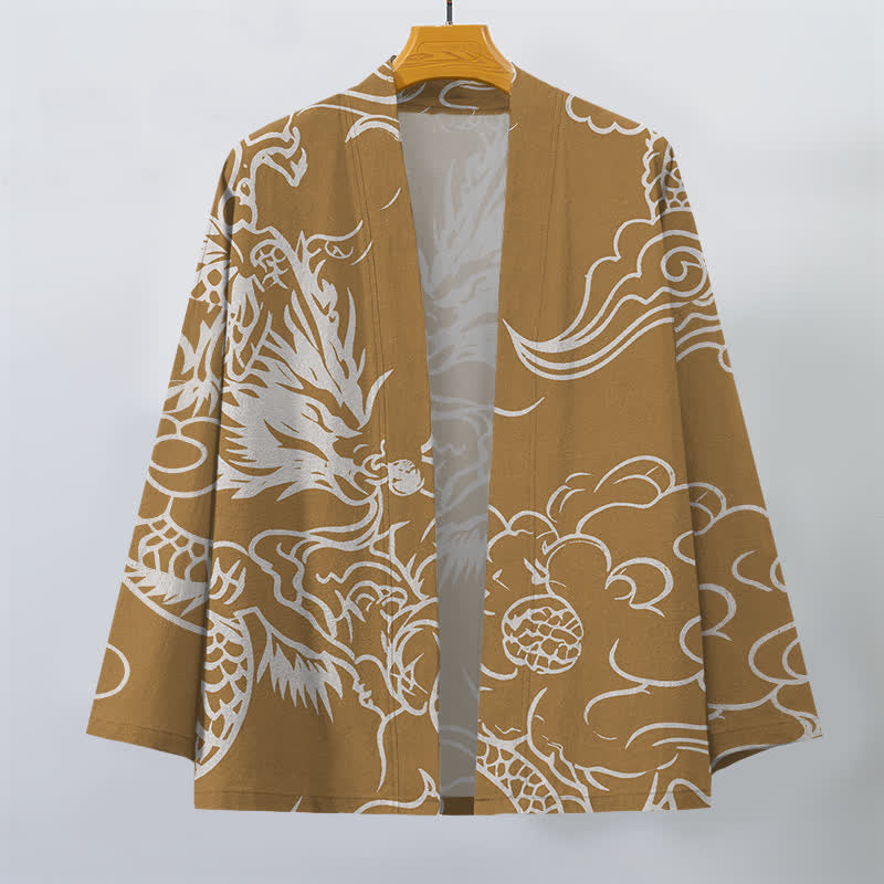 Buddha Stones Cotton White Dragon and Cloud Pattern Open Front Men's Kimono - image 7