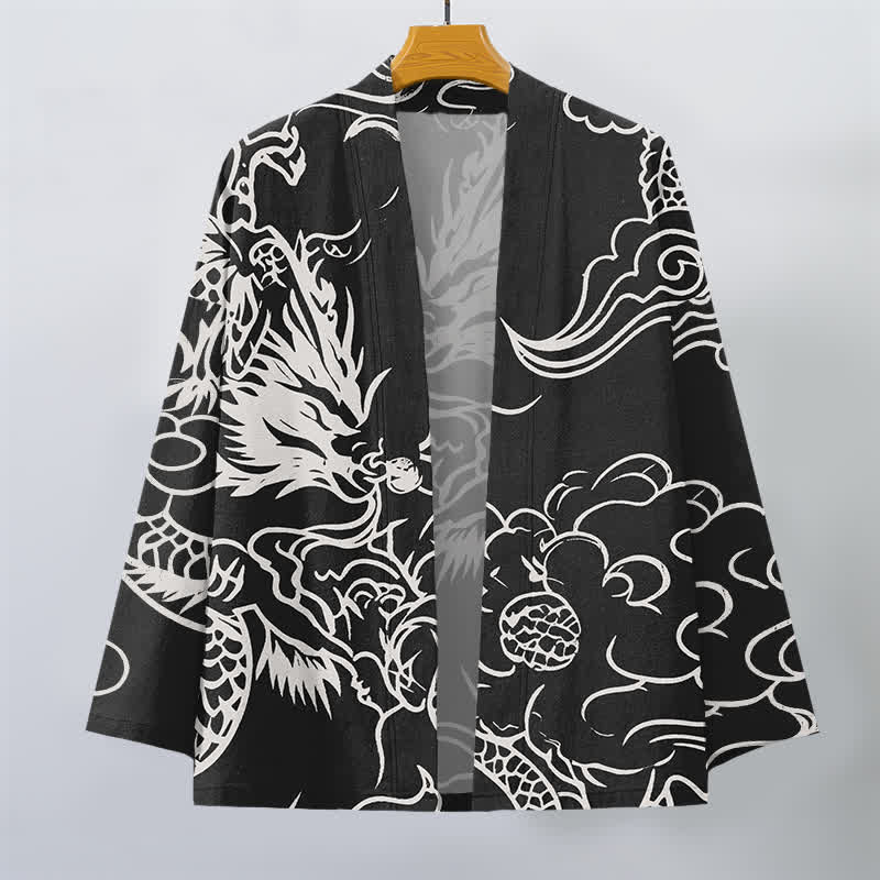 Buddha Stones Cotton White Dragon and Cloud Pattern Open Front Men's Kimono - image 10