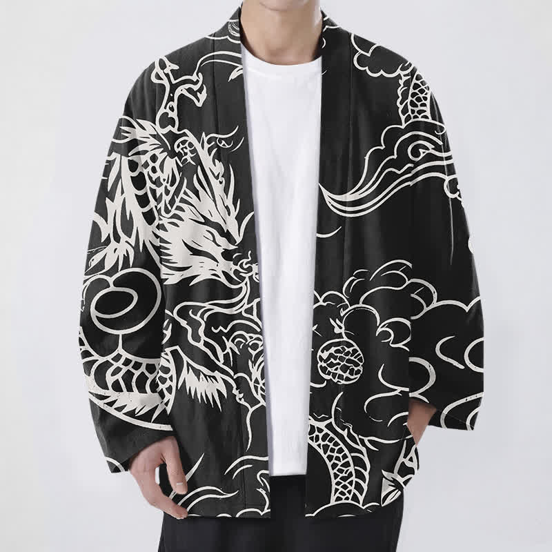 Buddha Stones Cotton White Dragon and Cloud Pattern Open Front Men's Kimono - Black - US/UK/AU48，EU58 (4XL) - image 9