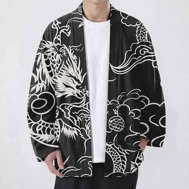 Buddha Stones Cotton White Dragon and Cloud Pattern Open Front Men's Kimono - Black - US/UK/AU48，EU58 (4XL) - image 9