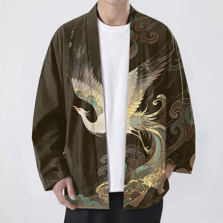Buddha Stones Cotton Golden Crane Clouds Pattern Open Front Men's Kimono - SaddleBrown - US/UK/AU48，EU58 (4XL) - image 6