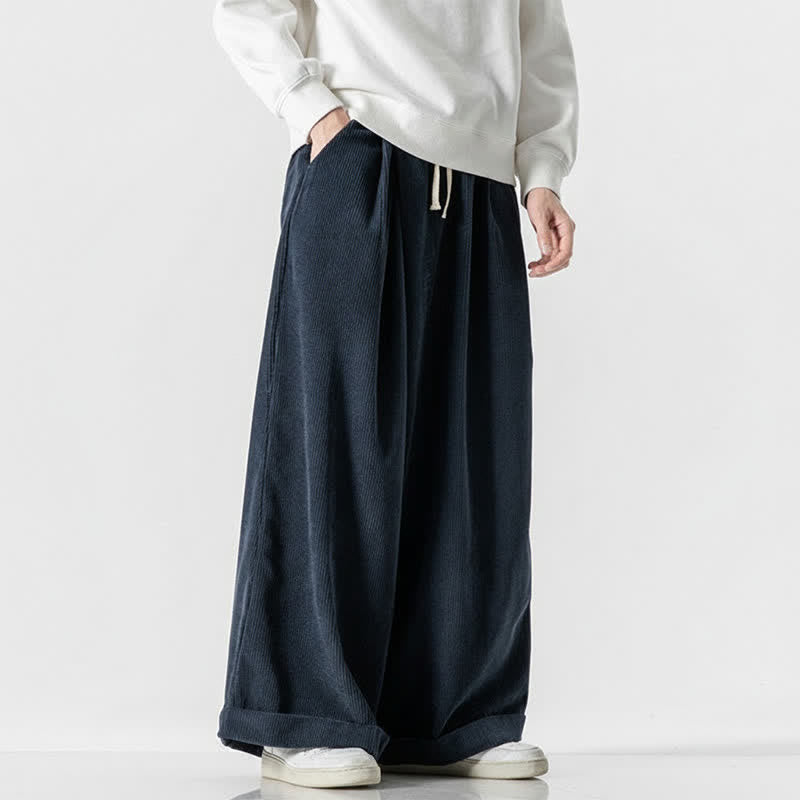Buddha Stones Fall Winter Casual Drawstring Solid Corduroy Long Pants Men's Wide Leg Pants With Pocket - Navy - US/UK/AU46，EU56 (5XL) - image 11