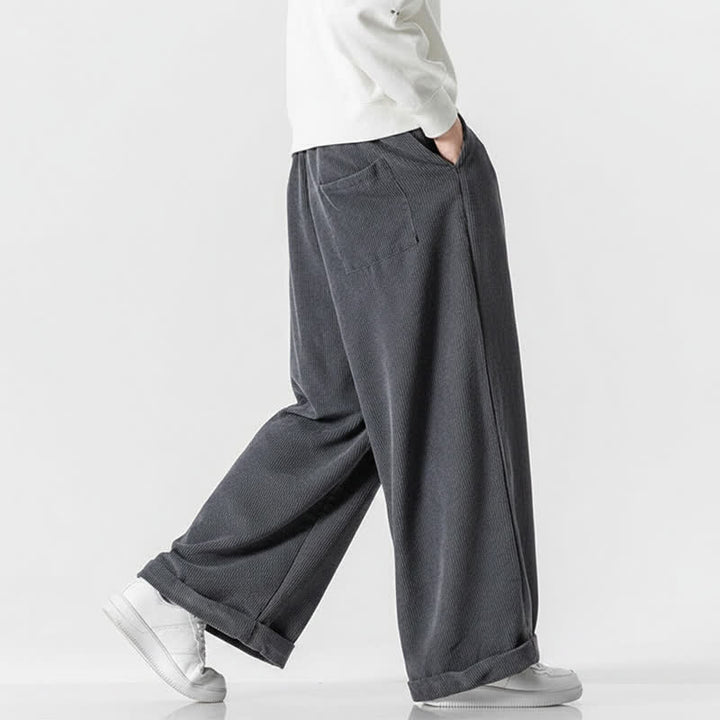 Buddha Stones Fall Winter Casual Drawstring Solid Corduroy Long Pants Men's Wide Leg Pants With Pocket - image 4