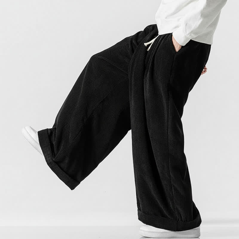 Buddha Stones Fall Winter Casual Drawstring Solid Corduroy Long Pants Men's Wide Leg Pants With Pocket - image 19