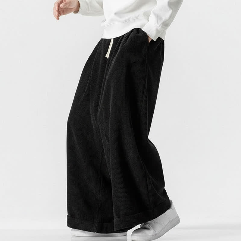 Buddha Stones Fall Winter Casual Drawstring Solid Corduroy Long Pants Men's Wide Leg Pants With Pocket - image 17