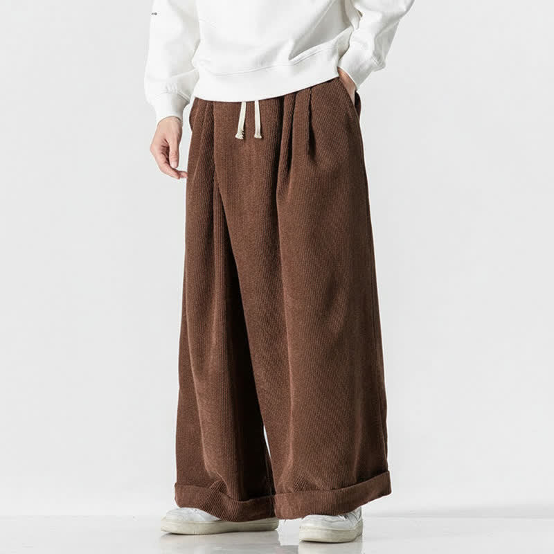 Buddha Stones Fall Winter Casual Drawstring Solid Corduroy Long Pants Men's Wide Leg Pants With Pocket - image 7