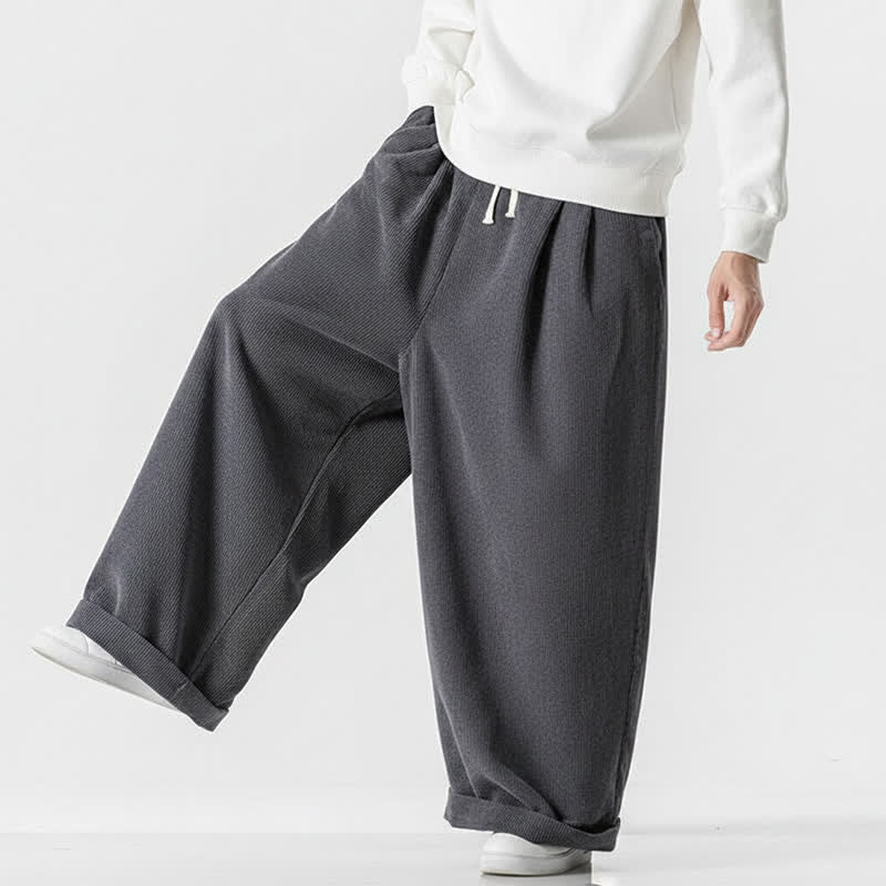 Buddha Stones Fall Winter Casual Drawstring Solid Corduroy Long Pants Men's Wide Leg Pants With Pocket - image 3