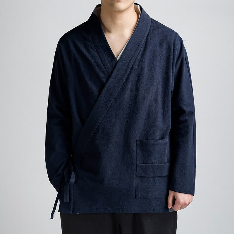 Buddha Stones Spring Fall Minimalist Tang Style Drawstring Solid Cotton Men's Kimonos With Pocket - MidnightBlue - US/UK/AU44，EU54 (4XL) - image 0