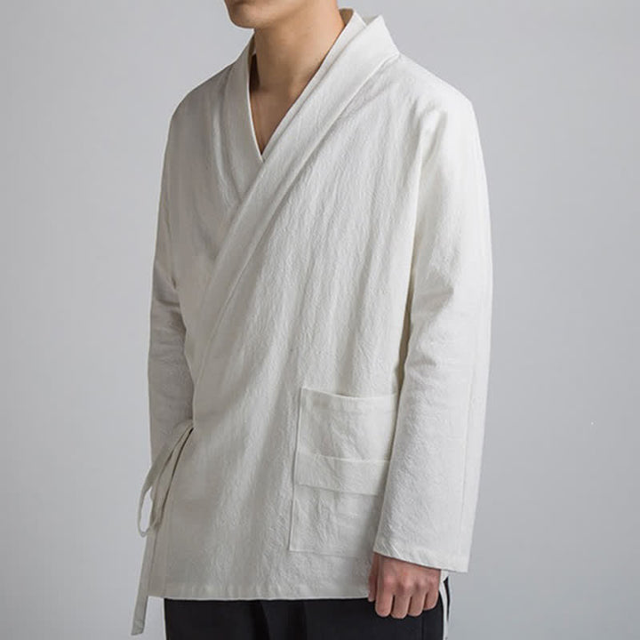 Buddha Stones Spring Fall Minimalist Tang Style Drawstring Solid Cotton Men's Kimonos With Pocket - image 14