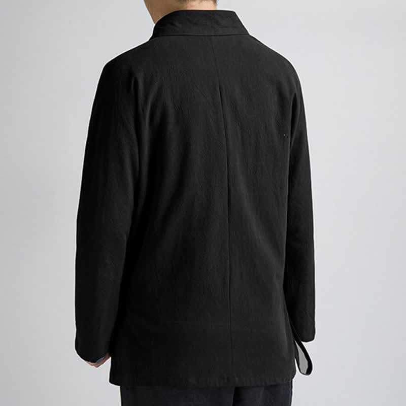 Buddha Stones Spring Fall Minimalist Tang Style Drawstring Solid Cotton Men's Kimonos With Pocket - image 3