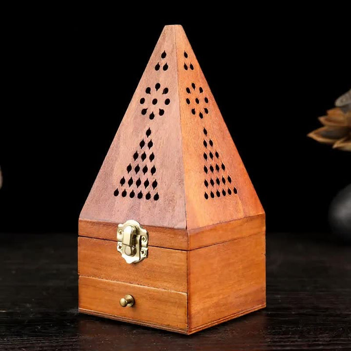 Buddha Stones Natural Wood Square Ritual Box Purification Incense Burner - Light Small Hole Tall Triangular Pyramids - image 8