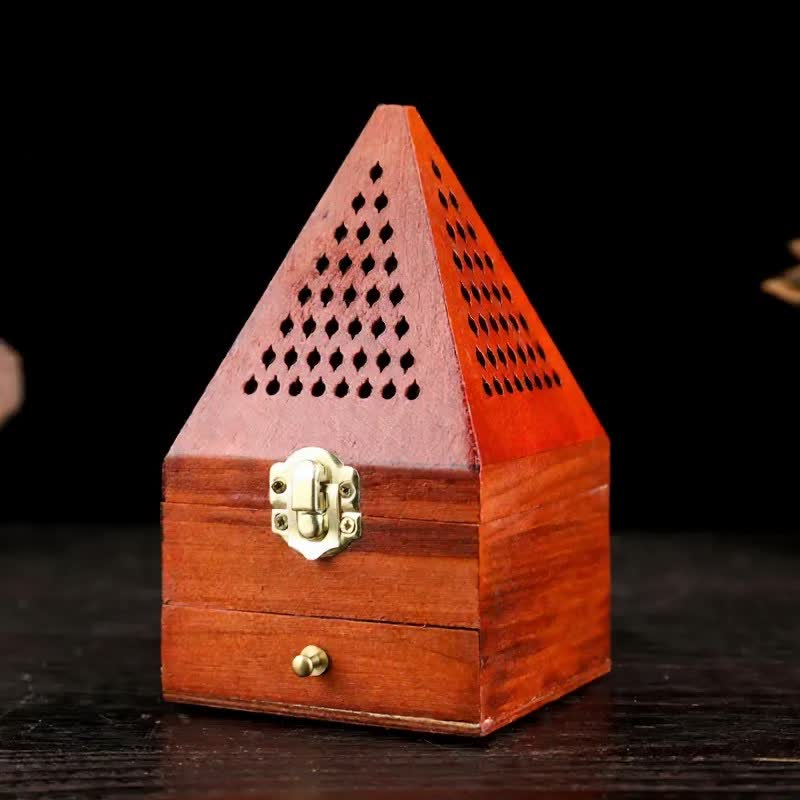 Buddha Stones Natural Wood Square Ritual Box Purification Incense Burner - Small Hole Short Triangular Pyramids - image 9