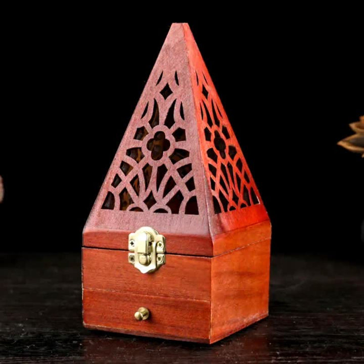 Buddha Stones Natural Wood Square Ritual Box Purification Incense Burner - Big Hole Tall Triangular Pyramids - image 0