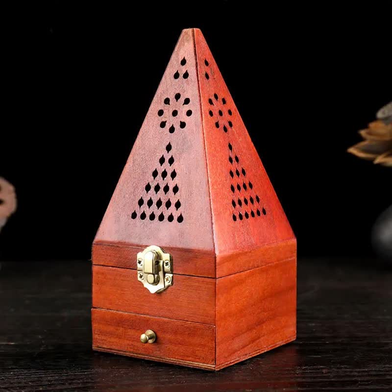Buddha Stones Natural Wood Square Ritual Box Purification Incense Burner - Small Hole Tall Triangular Pyramids - image 7