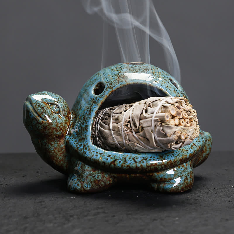 Buddha Stones Ceramic Turtle Endurance Incense Burner - Blue - image 0