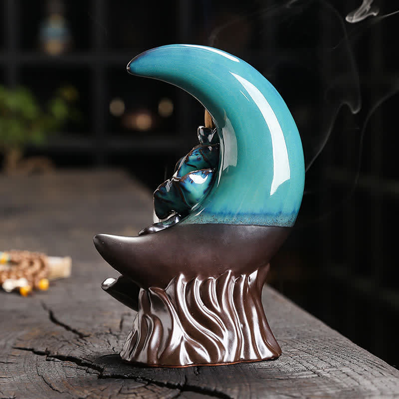 Buddha Stones Purple Clay Crescent Moon Lotus Enlightenment Backflow Incense Burner - image 1