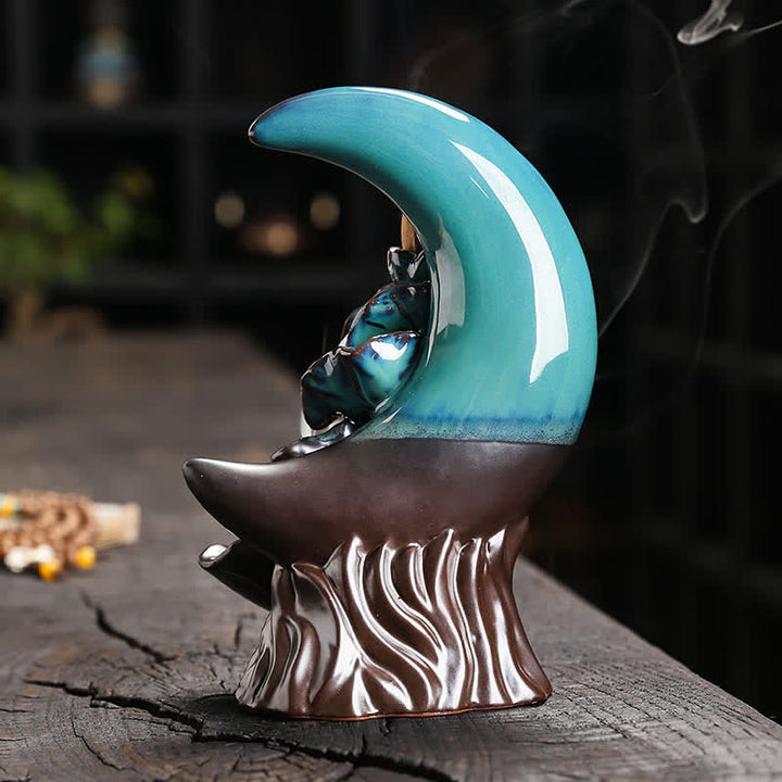 Buddha Stones Purple Clay Crescent Moon Lotus Enlightenment Backflow Incense Burner - image 1