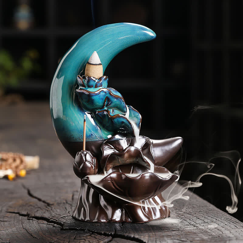 Buddha Stones Purple Clay Crescent Moon Lotus Enlightenment Backflow Incense Burner - Blue - image 0
