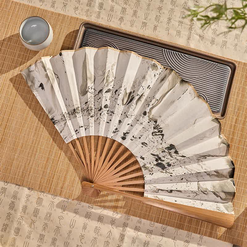 Buddha Stones Black Gold Lacquer Floating Pattern Ink Bamboo Paper Folding Fan - image 2