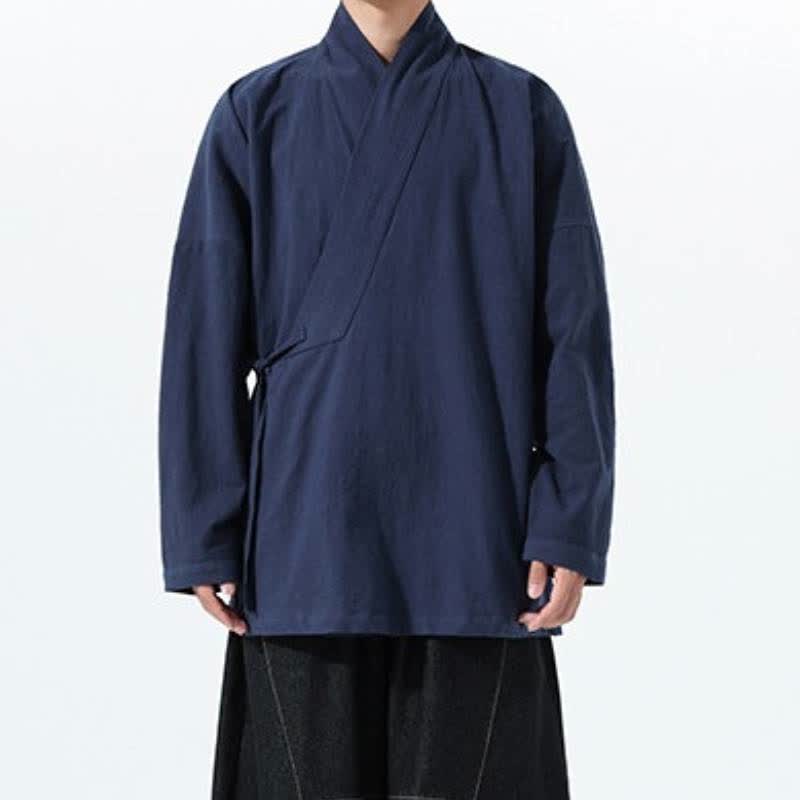 Buddha Stones Fall Winter Simple Tang Style Drawstring Solid Cotton Men's Kimono With Pocket - image 6