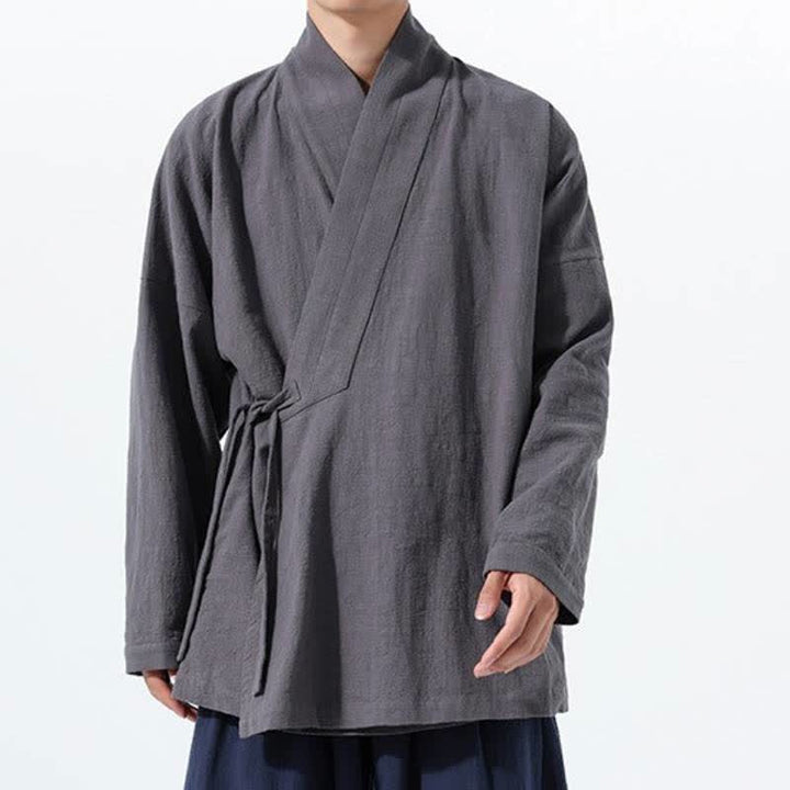 Buddha Stones Fall Winter Simple Tang Style Drawstring Solid Cotton Men's Kimono With Pocket - image 10
