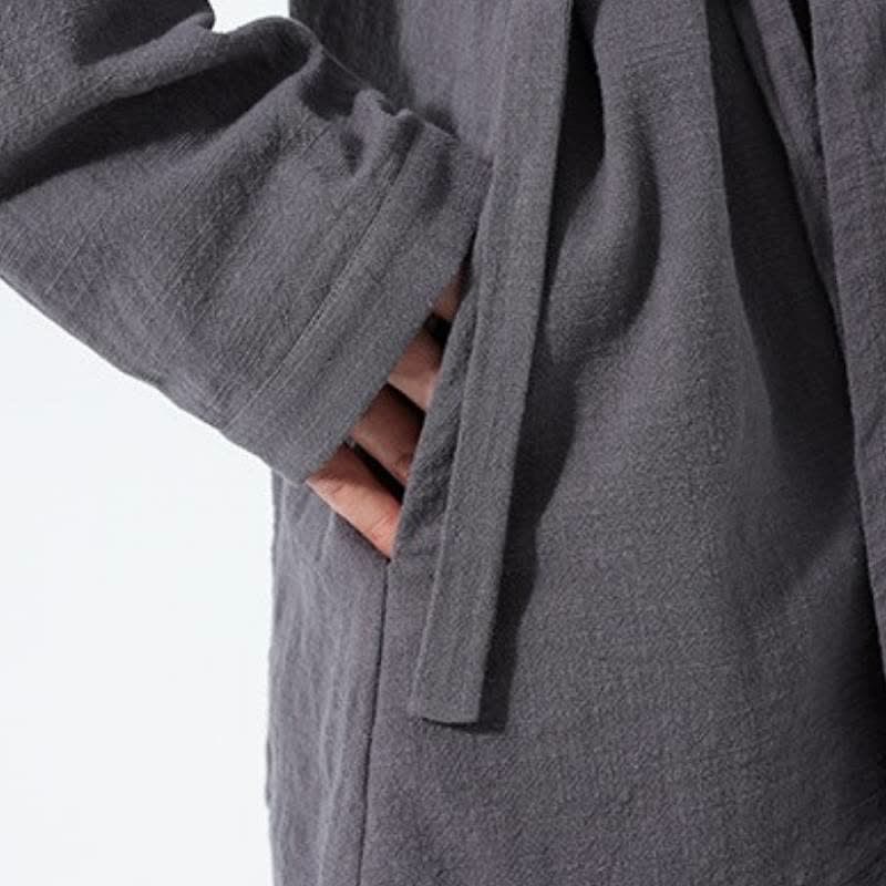 Buddha Stones Fall Winter Simple Tang Style Drawstring Solid Cotton Men's Kimono With Pocket - image 15