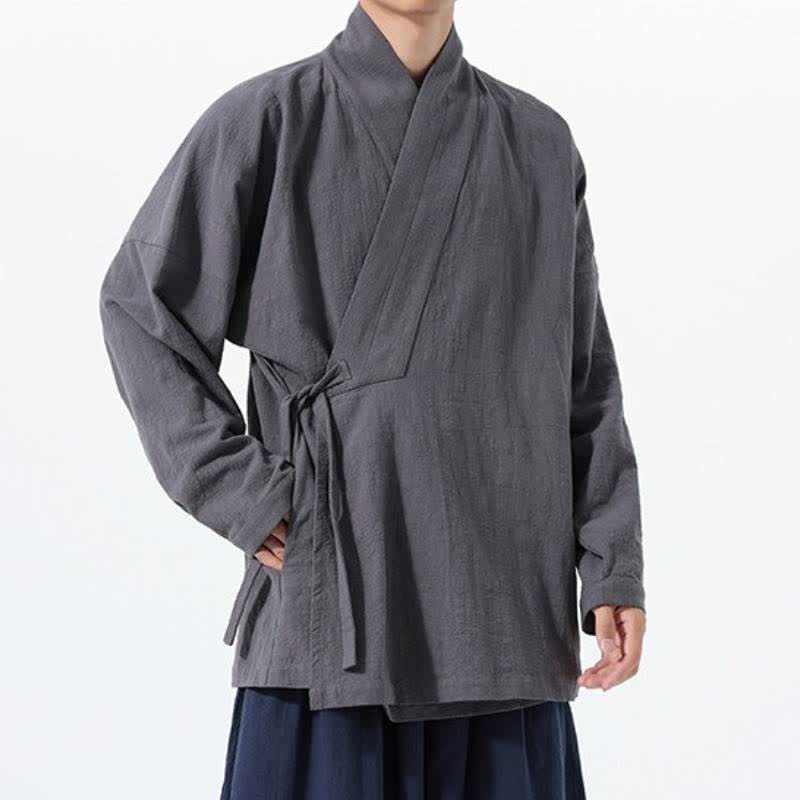 Buddha Stones Fall Winter Simple Tang Style Drawstring Solid Cotton Men's Kimono With Pocket - image 9