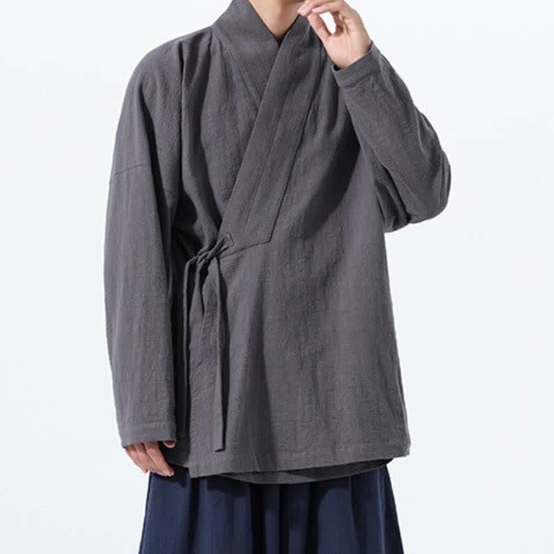 Buddha Stones Fall Winter Simple Tang Style Drawstring Solid Cotton Men's Kimono With Pocket - image 12