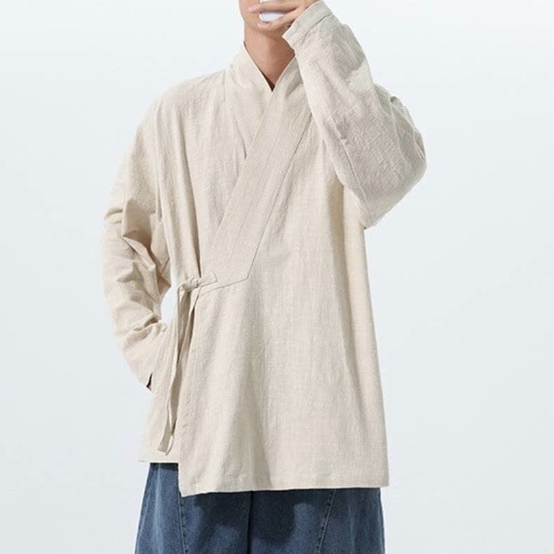 Buddha Stones Fall Winter Simple Tang Style Drawstring Solid Cotton Men's Kimono With Pocket - image 20