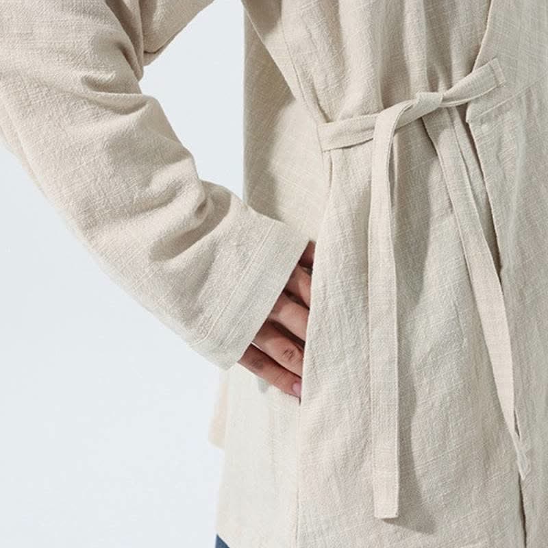 Buddha Stones Fall Winter Simple Tang Style Drawstring Solid Cotton Men's Kimono With Pocket - image 26