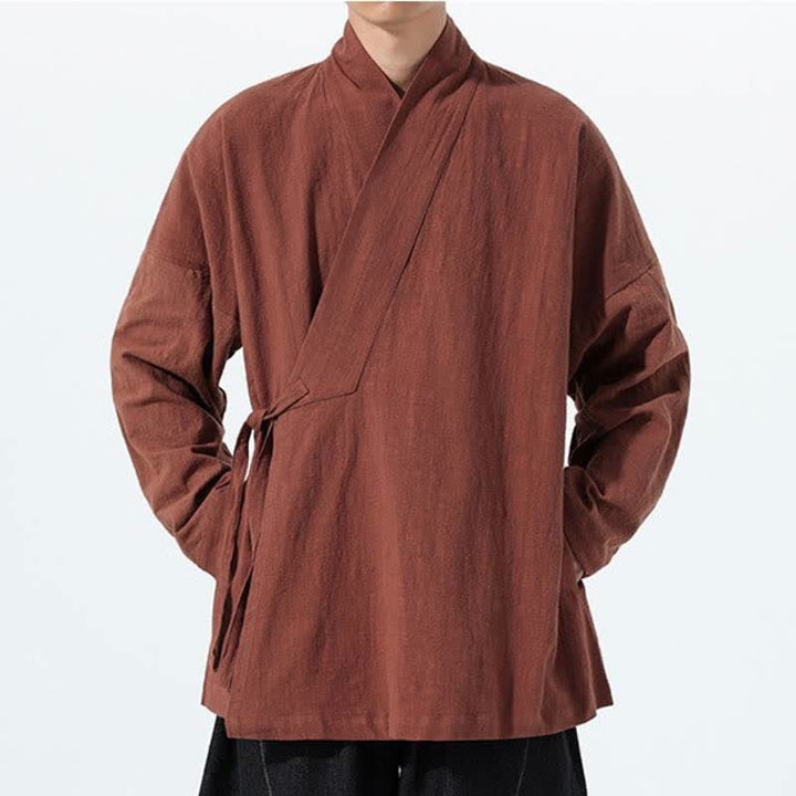 Buddha Stones Fall Winter Simple Tang Style Drawstring Solid Cotton Men's Kimono With Pocket - image 30