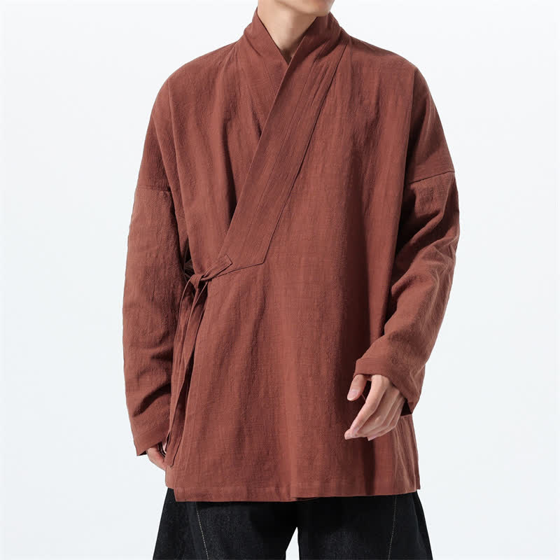 Buddha Stones Fall Winter Simple Tang Style Drawstring Solid Cotton Men's Kimono With Pocket - image 33