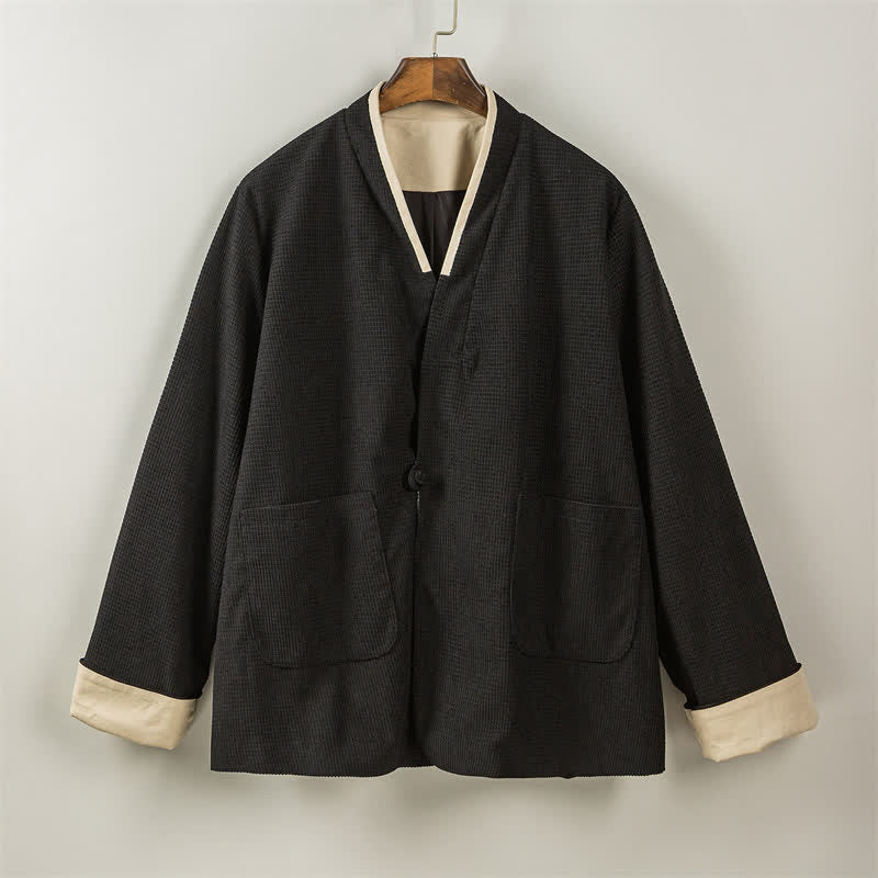 Buddha Stones Fall Casual Tang Style Frog Button V-Neck Solid Men's Jacket With Pockets - image 27