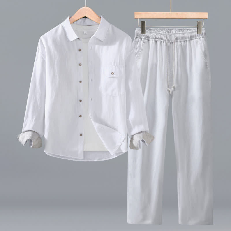 Buddha Stones Spring Fall Casual Minimalist Button-Up Long Sleeve Shirt Drawstring Pants Solid Men's Meditation Cloth With Pocket - White - US/UK/AU42，EU52 (3XL) - image 16