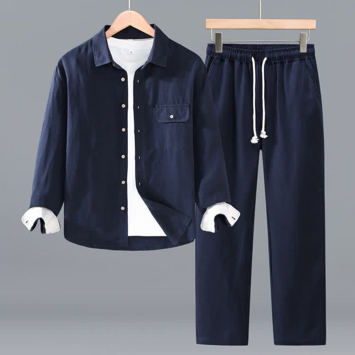 Buddha Stones Spring Fall Casual Minimalist Button-Up Long Sleeve Shirt Drawstring Pants Solid Men's Meditation Cloth With Pocket - Navy - US/UK/AU42，EU52 (3XL) - image 0