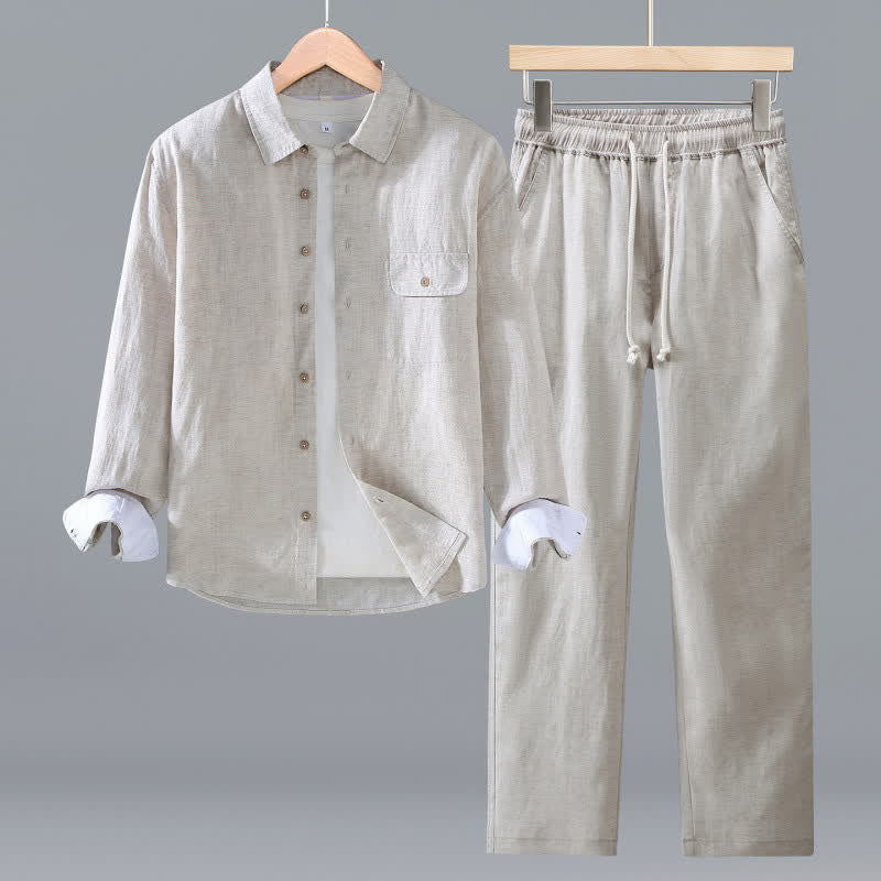 Buddha Stones Spring Fall Casual Minimalist Button-Up Long Sleeve Shirt Drawstring Pants Solid Men's Meditation Cloth With Pocket - Beige - US/UK/AU42，EU52 (3XL) - image 1