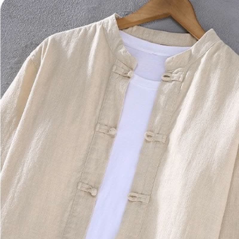 Buddha Stones Spring Fall Tang Style Mandarin Collar Solid Ramie Shirt Pants Men's Meditation Cloth With Pockets - image 1