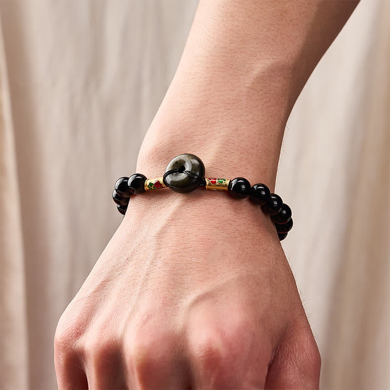 Buddha Stones Golden Sheen Obsidian Peace Buckle Black Obsidian Koi Fish Protection Round Bead Bracelet - image 5