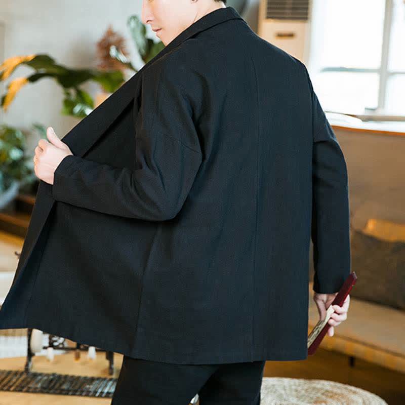 Buddha Stones Fall Winter Casual Tang Style Solid Cotton Long Sleeve Men's Kimonos - image 10