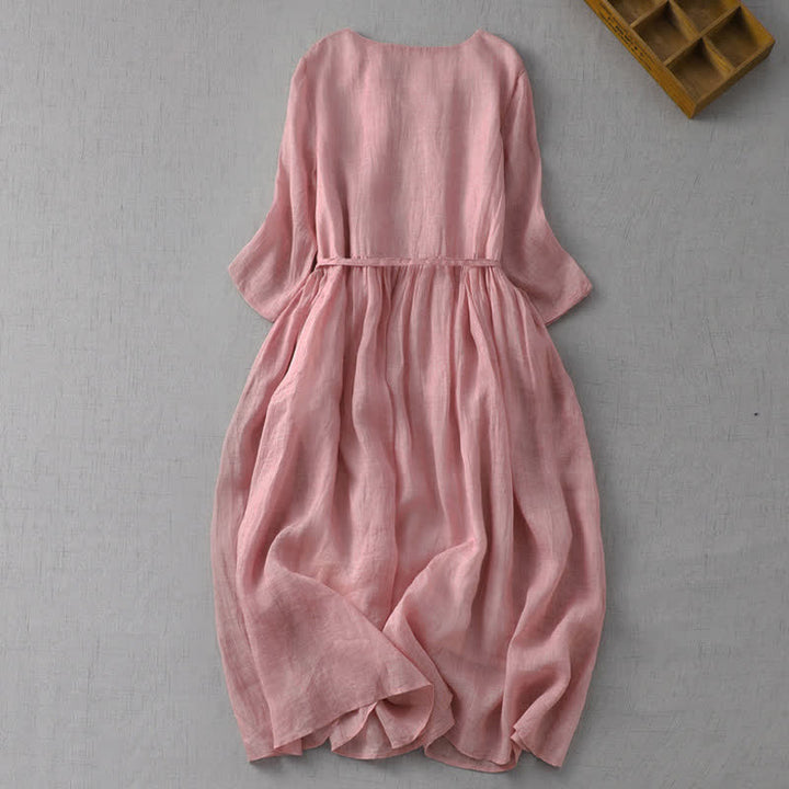 Buddha Stones Summer Casual Vintage Button-Up Drawstring Solid Women's Short Sleeve Dress With Pocket - image 2