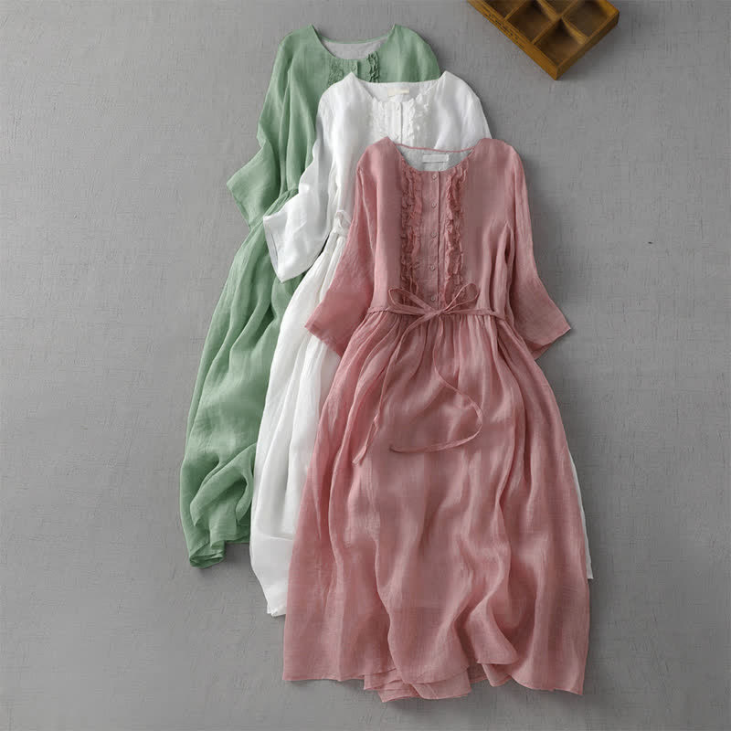 Buddha Stones Summer Casual Vintage Button-Up Drawstring Solid Women's Short Sleeve Dress With Pocket - image 12