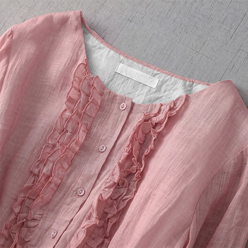 Buddha Stones Summer Casual Vintage Button-Up Drawstring Solid Women's Short Sleeve Dress With Pocket - image 3