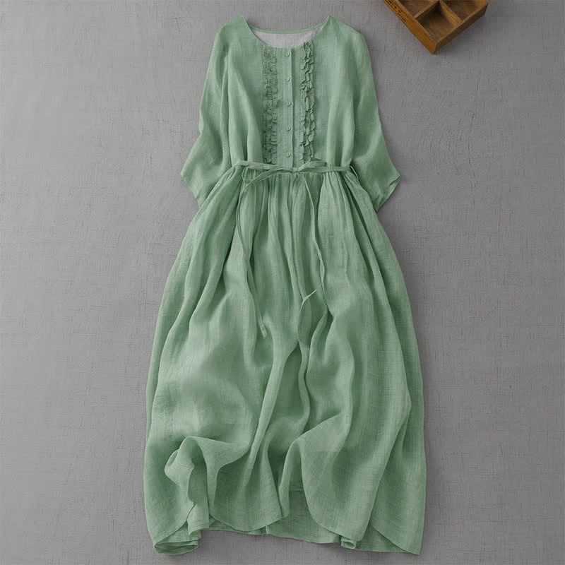 Buddha Stones Summer Casual Vintage Button-Up Drawstring Solid Women's Short Sleeve Dress With Pocket - DarkSeaGreen - US14, UK/AU18, EU46 (2XL) - image 0