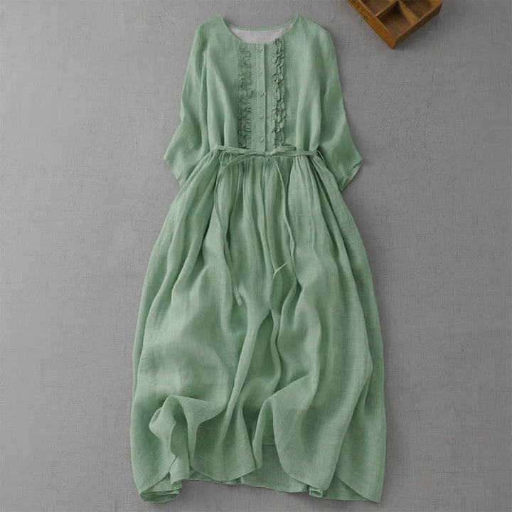 Buddha Stones Summer Casual Vintage Button-Up Drawstring Solid Women's Short Sleeve Dress With Pocket - DarkSeaGreen - US14, UK/AU18, EU46 (2XL) - image 0