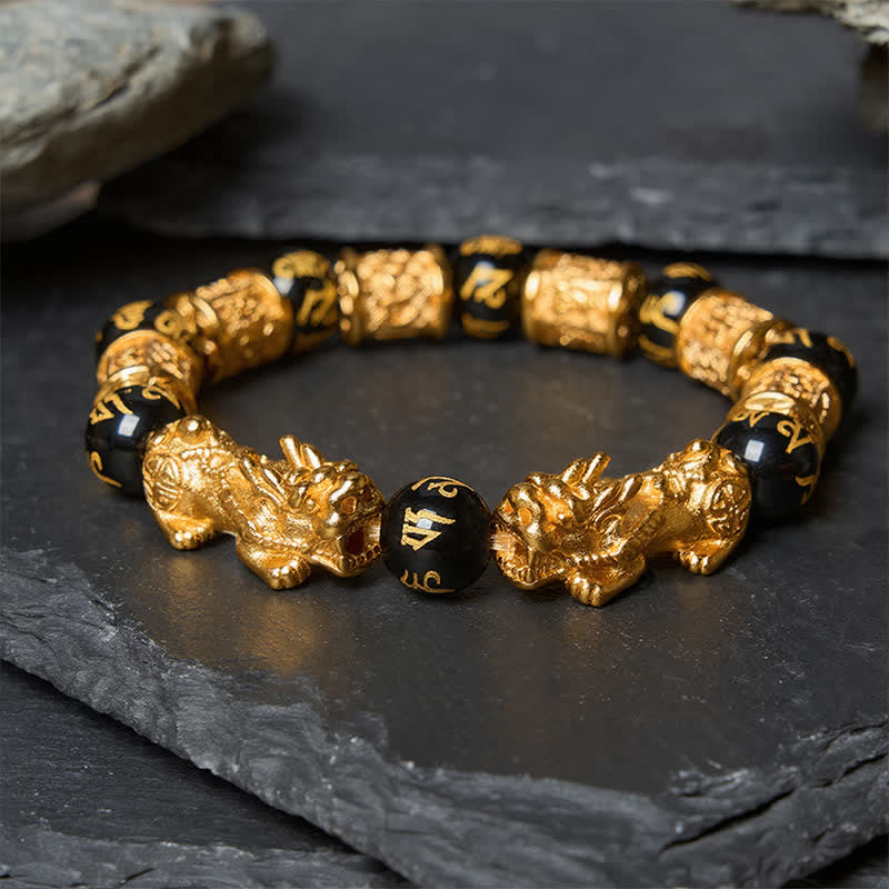 Buddha Stones Black Gold Pi Xiu Om Mani Padme Hum Wealth Round Bead Bracelet - Pi Xiu Bracelet (Wrist Circumference: 6.7–7.1 in/17–18 cm) - image 0
