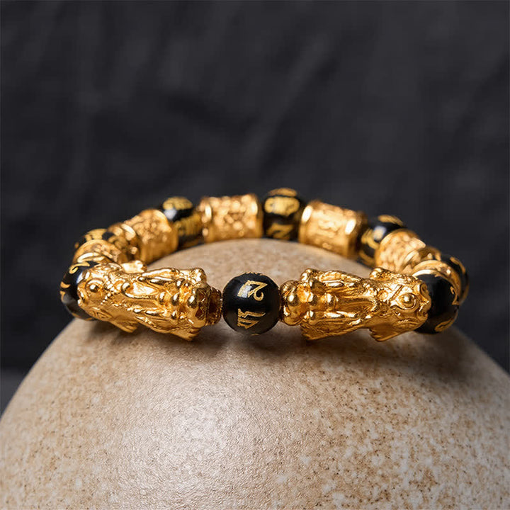 Buddha Stones Black Gold Pi Xiu Om Mani Padme Hum Wealth Round Bead Bracelet - image 3