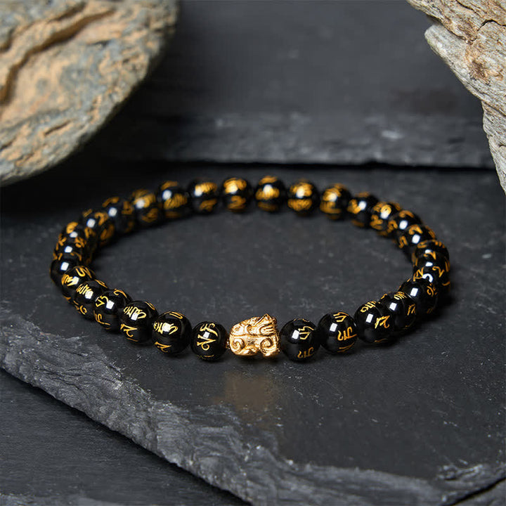 Buddha Stones Black Onyx Om Mani Padme Hum Bead Alloy Pi Xiu Strength Bracelet - Black Onyx (Wrist Circumference: 5.5–5.9 in/14–15 cm) - image 0